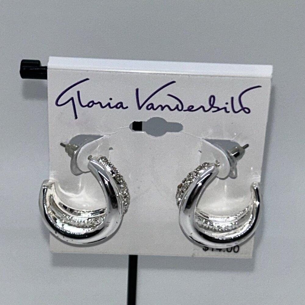 Gloria Vanderbilt Post Hoop Earrings Silver-Tone Rhinestone Classic Style